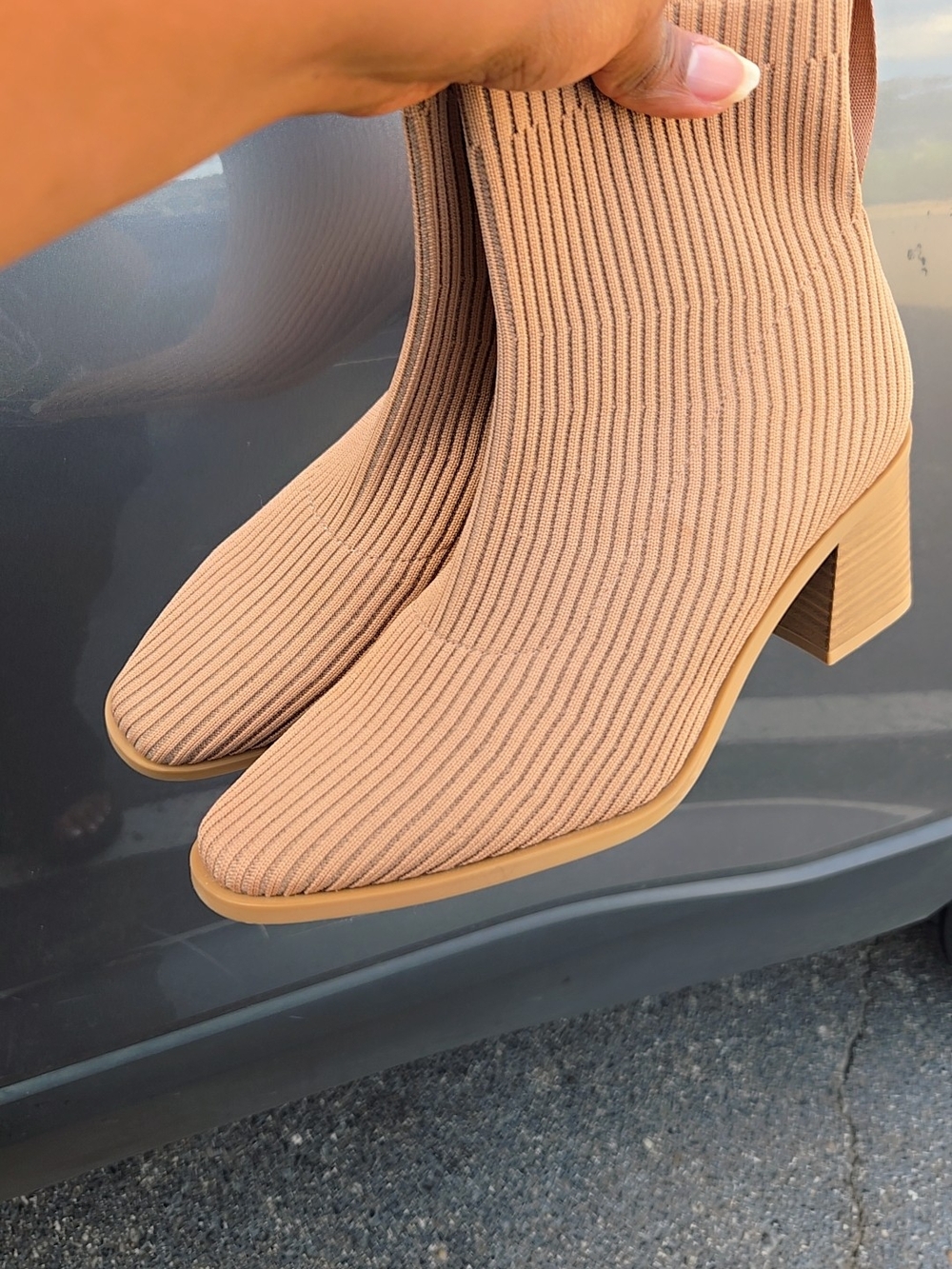 Ribbed Knit Block Heel Ankle Boots - Beige